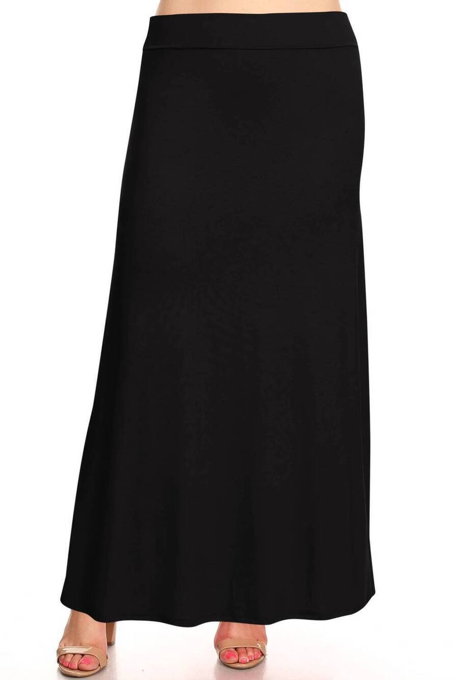 NEW MOA COLLECTION women's foldable waist solid long maxi skirt - plus in black